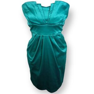 LOVE TEASE TURQUOISE SATIN STRAPLESS DRESS W/POCKETS SZ.11 EUC